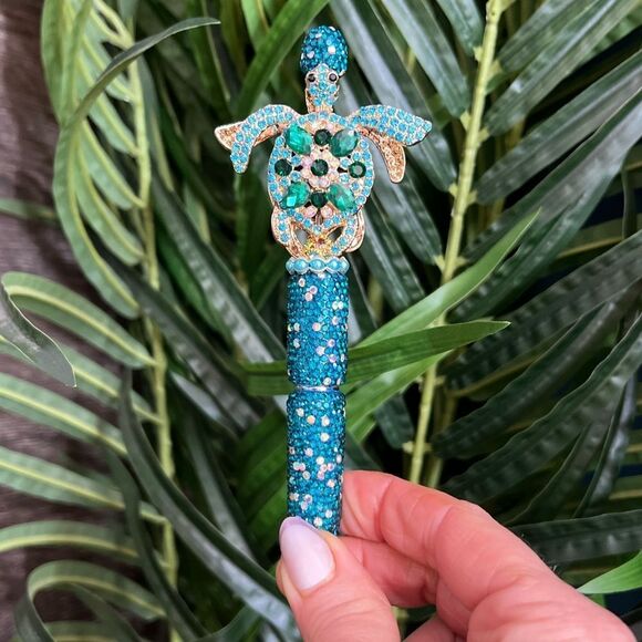 Sea Turtle Hand-Made Custom Beaded Pen with Large Fancy Double-Sided Sea Turtle. - Picture 1 of 7
